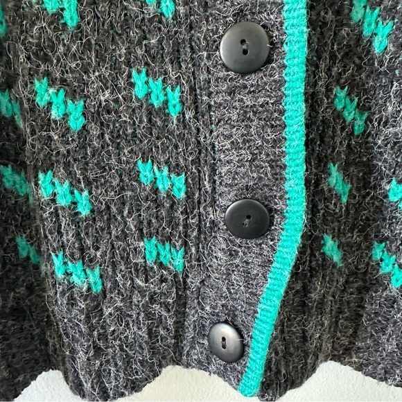 Vintage Cozy Gray and Teal Patterned Unisex Cardigan Sweater - Picture 8 of 8